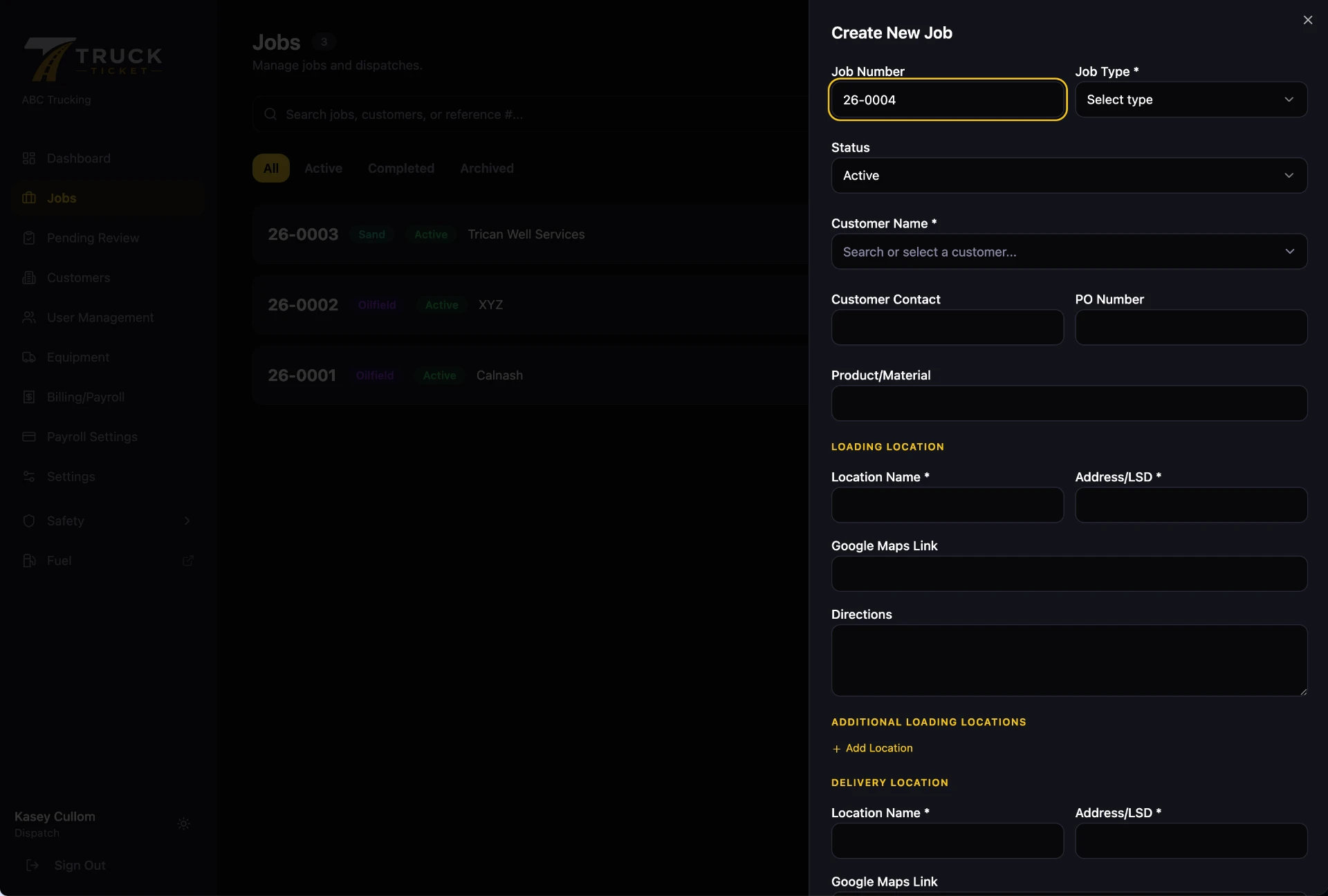 TruckTicket Create New Job form with job, customer and location fields