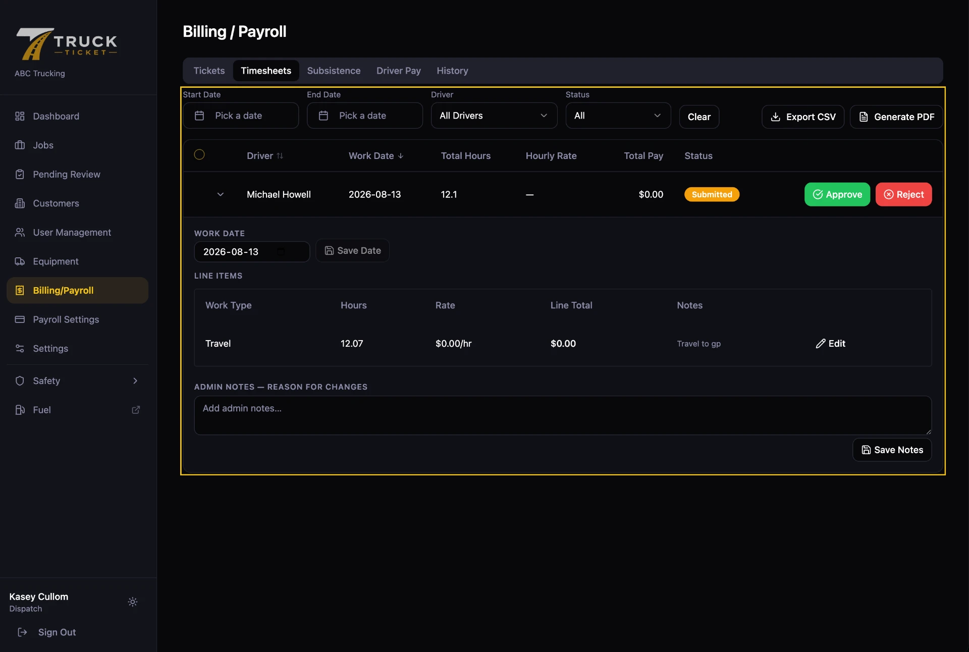 TruckTicket Timesheets screen with a submitted driver timesheet to approve