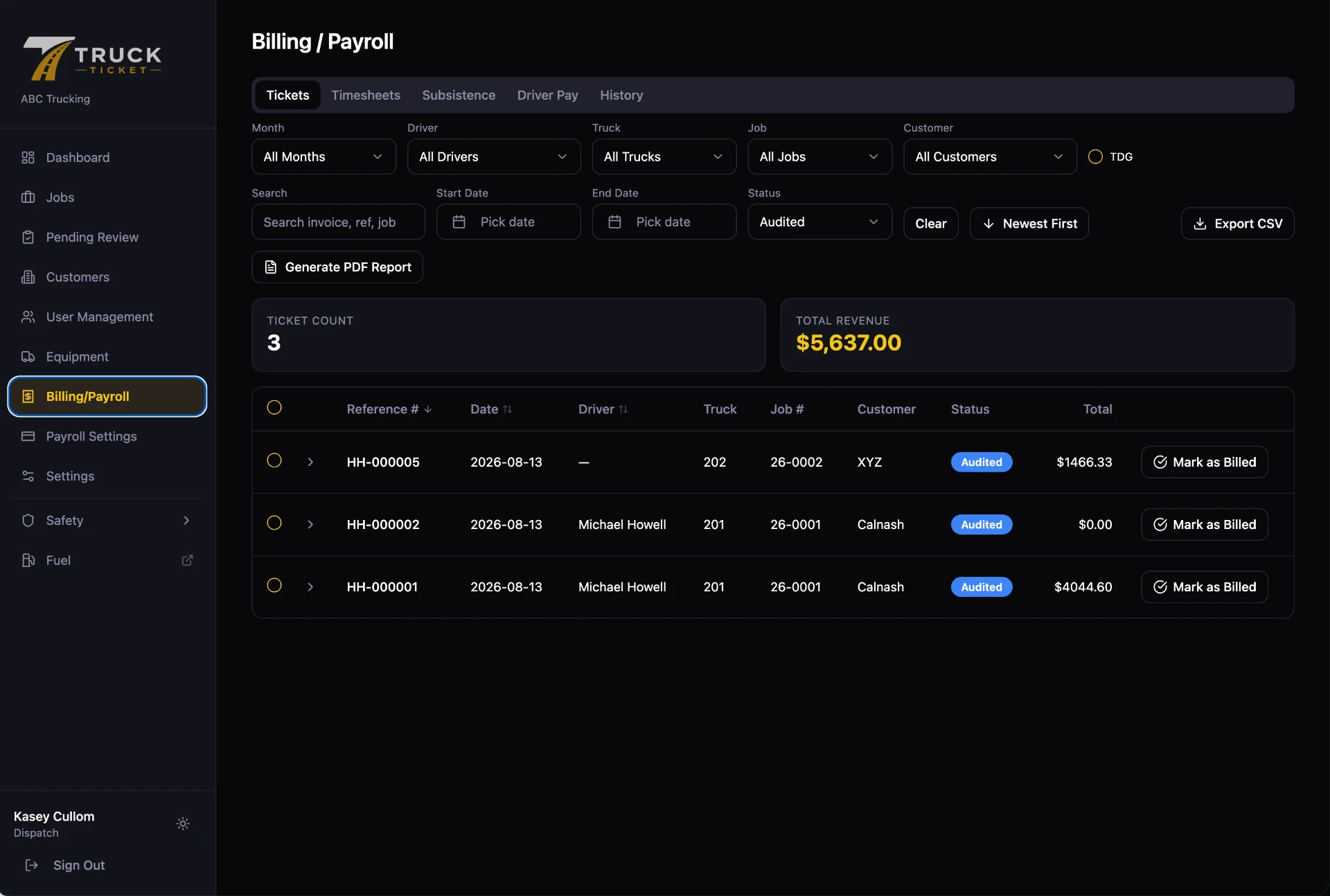 TruckTicket Billing screen listing audited tickets ready to mark as billed
