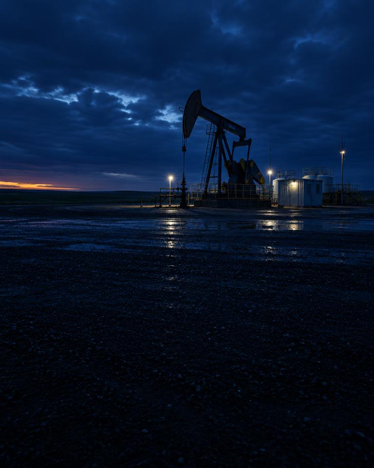 Oilfield pumpjack and well site at dusk