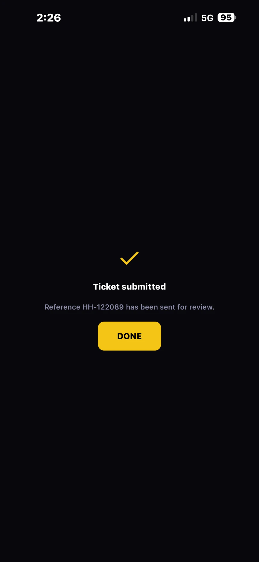 TruckTicket driver app confirming a ticket was submitted for review